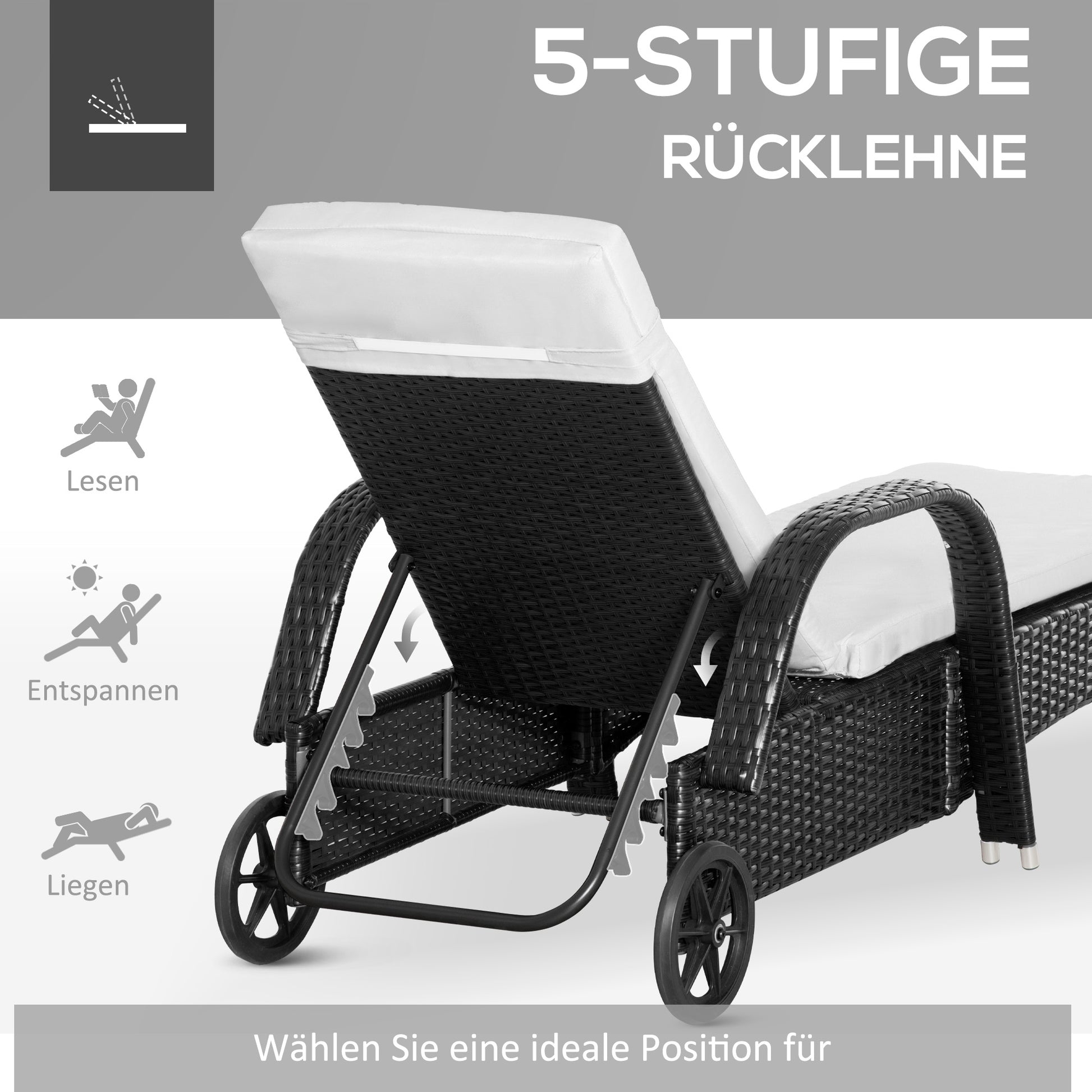 Sun Lounger Garden Lounger Table 3-Piece Set Garden Furniture, Poly Rattan+Metal Black+Cream White
