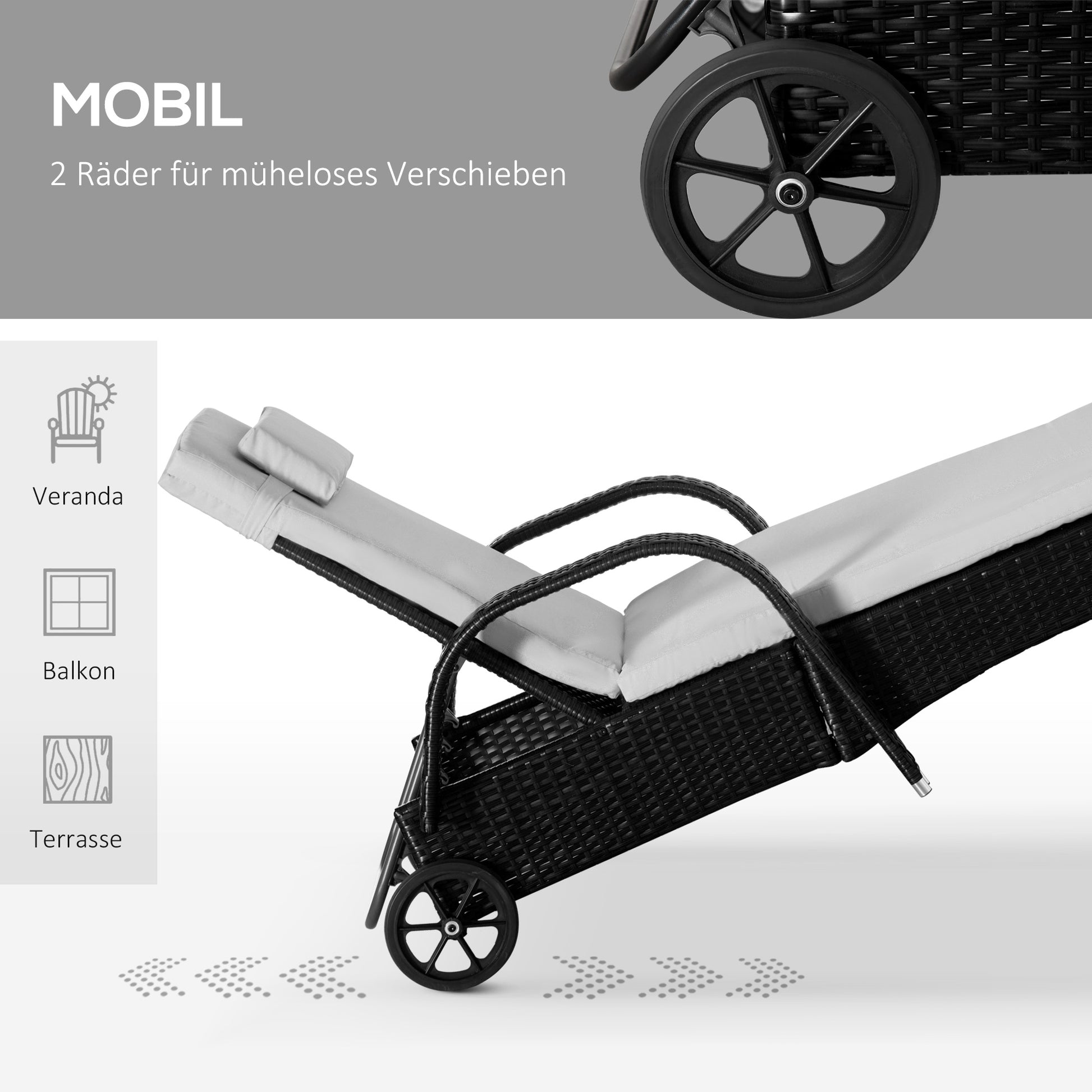 Sun Lounger Garden Lounger Table 3-Piece Set Garden Furniture, Poly Rattan+Metal Black+Cream White