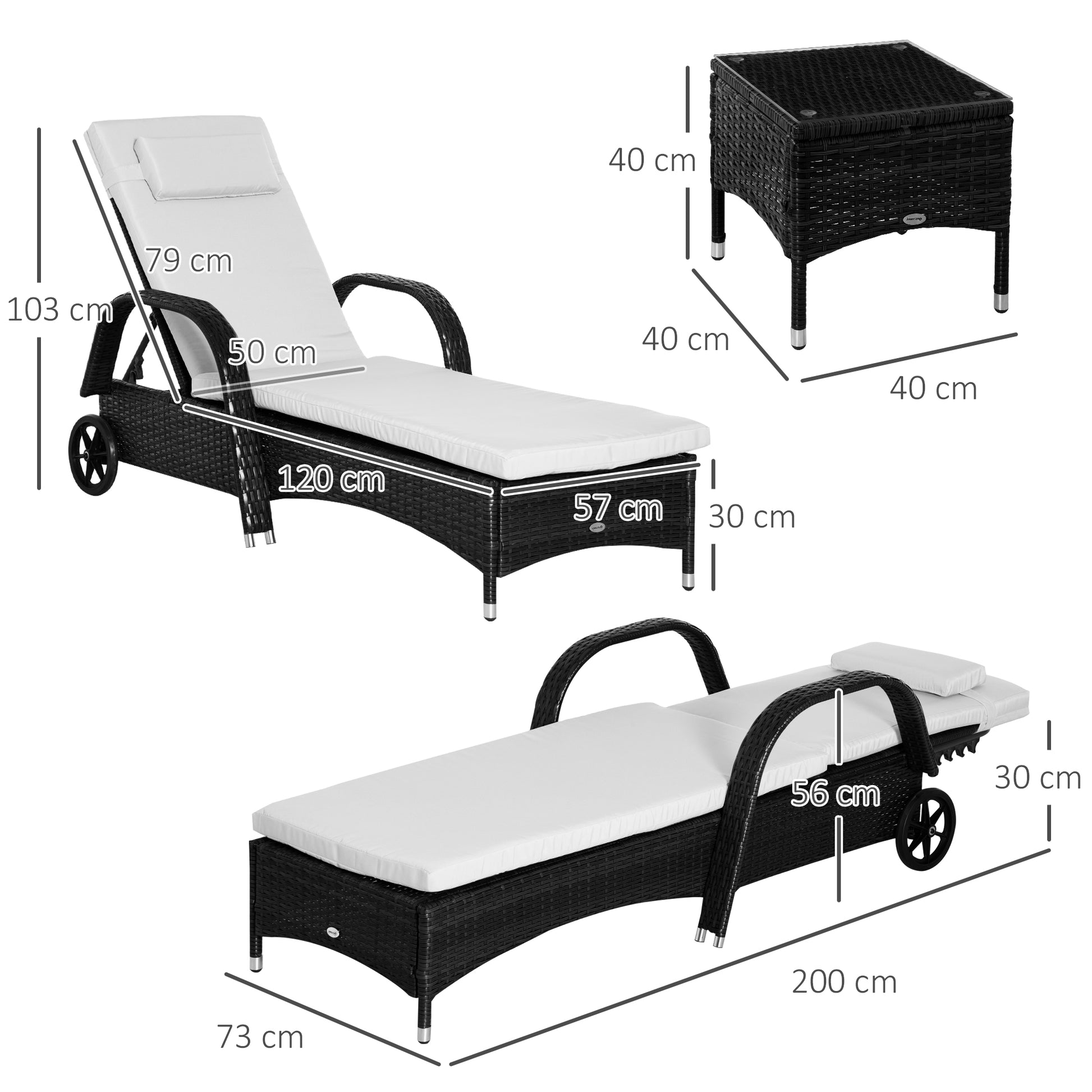Sun Lounger Garden Lounger Table 3-Piece Set Garden Furniture, Poly Rattan+Metal Black+Cream White