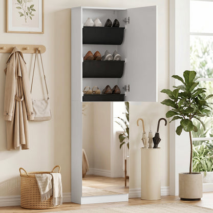 Slim Space-Saving Shoe Cabinet with Full-Length Mirror, 5 Fabric Shelves, Reversible Doors, Soft-Close, Holds 12 Pairs, 19.7 x 7.9 x 70.9 in, White