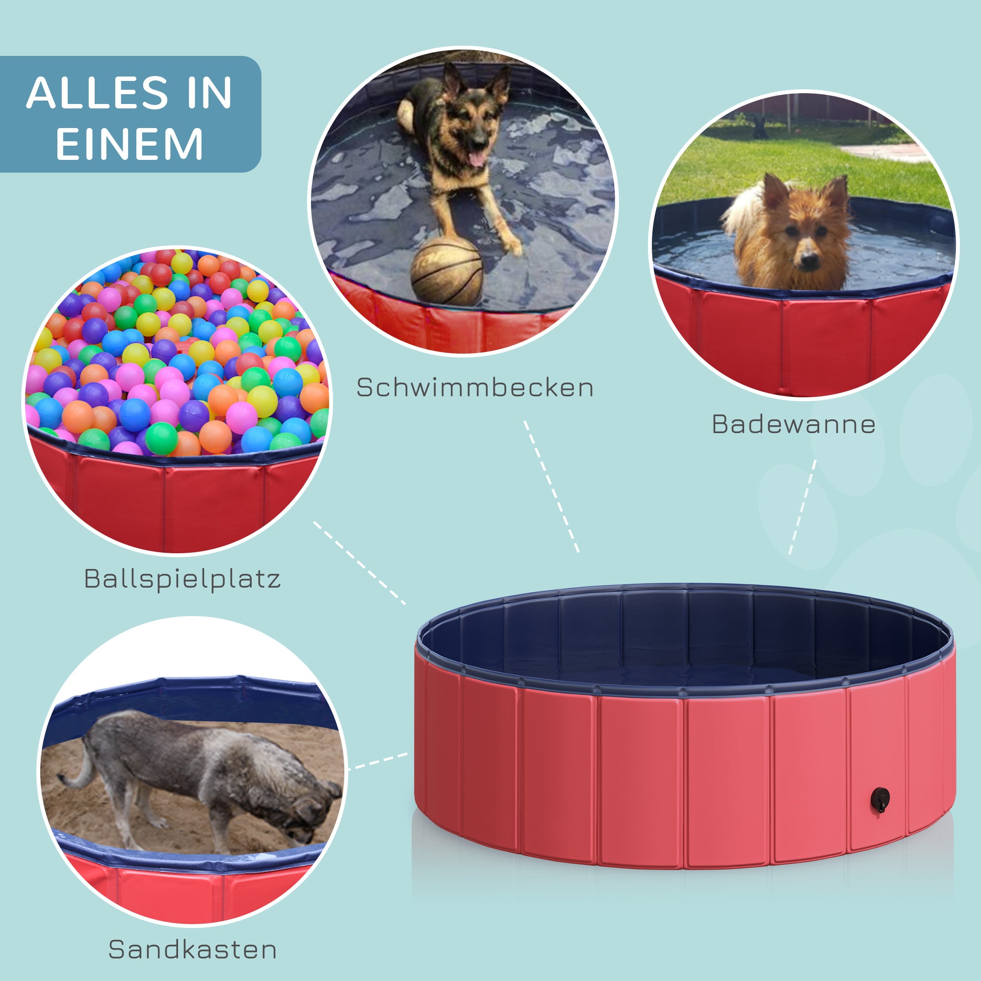 Foldable Dog Bath Tub Dog Pool Splash Pool Swimming Pool Water Basin for Dogs and Cats Plastic+Wood Red Ø100 x H30 cm