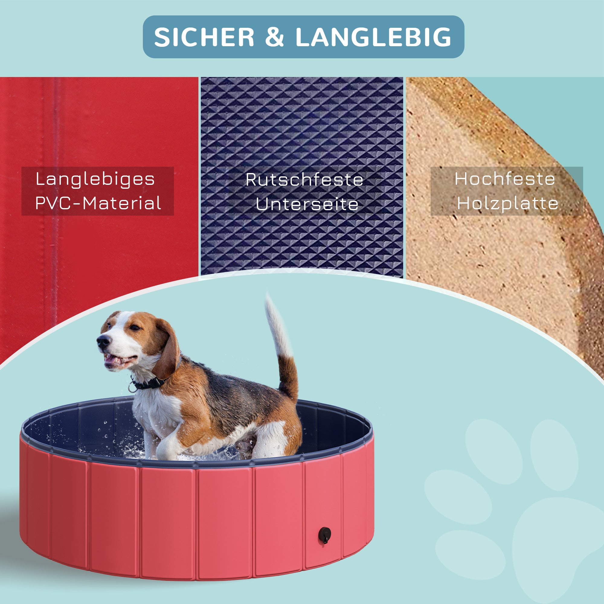 Foldable Dog Bath Tub Dog Pool Splash Pool Swimming Pool Water Basin for Dogs and Cats Plastic+Wood Red Ø100 x H30 cm