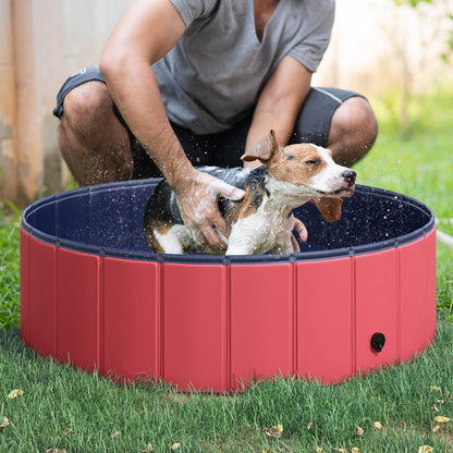 Foldable Dog Bath Tub Dog Pool Splash Pool Swimming Pool Water Basin for Dogs and Cats Plastic+Wood Red Ø100 x H30 cm