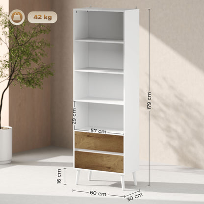 6-Level Bookshelf Book Organizer with 2 Drawers and 4 Open Shelves for Living Room Office Bedroom White