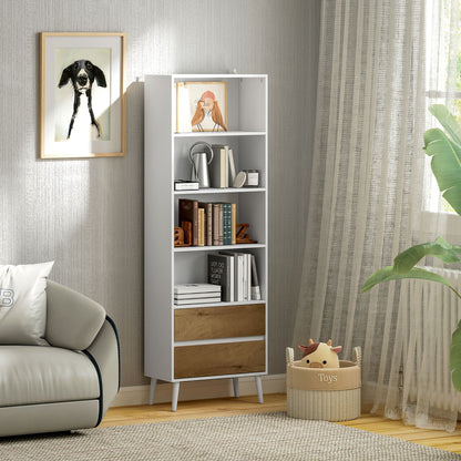 6-Level Bookshelf Book Organizer with 2 Drawers and 4 Open Shelves for Living Room Office Bedroom White