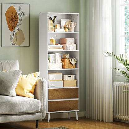 6-Level Bookshelf Book Organizer with 2 Drawers and 4 Open Shelves for Living Room Office Bedroom White