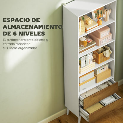 6-Level Bookshelf Book Organizer with 2 Drawers and 4 Open Shelves for Living Room Office Bedroom White