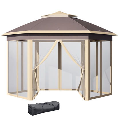 Foldable Gazebo 4x3.4x2.85 m Hexagonal Garden Canopy with Double Roof 6 Detachable Mosquito Nets Carrying Bag 3-Level Adjustable Height Anti-UV Gazebo for Party Patio Beige