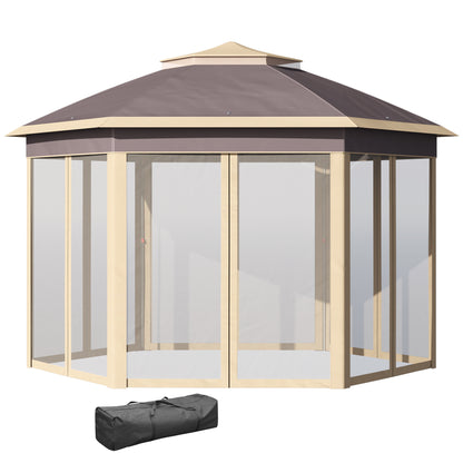 Foldable Gazebo 4x3.4x2.85 m Hexagonal Garden Canopy with Double Roof 6 Detachable Mosquito Nets Carrying Bag 3-Level Adjustable Height Anti-UV Gazebo for Party Patio Beige