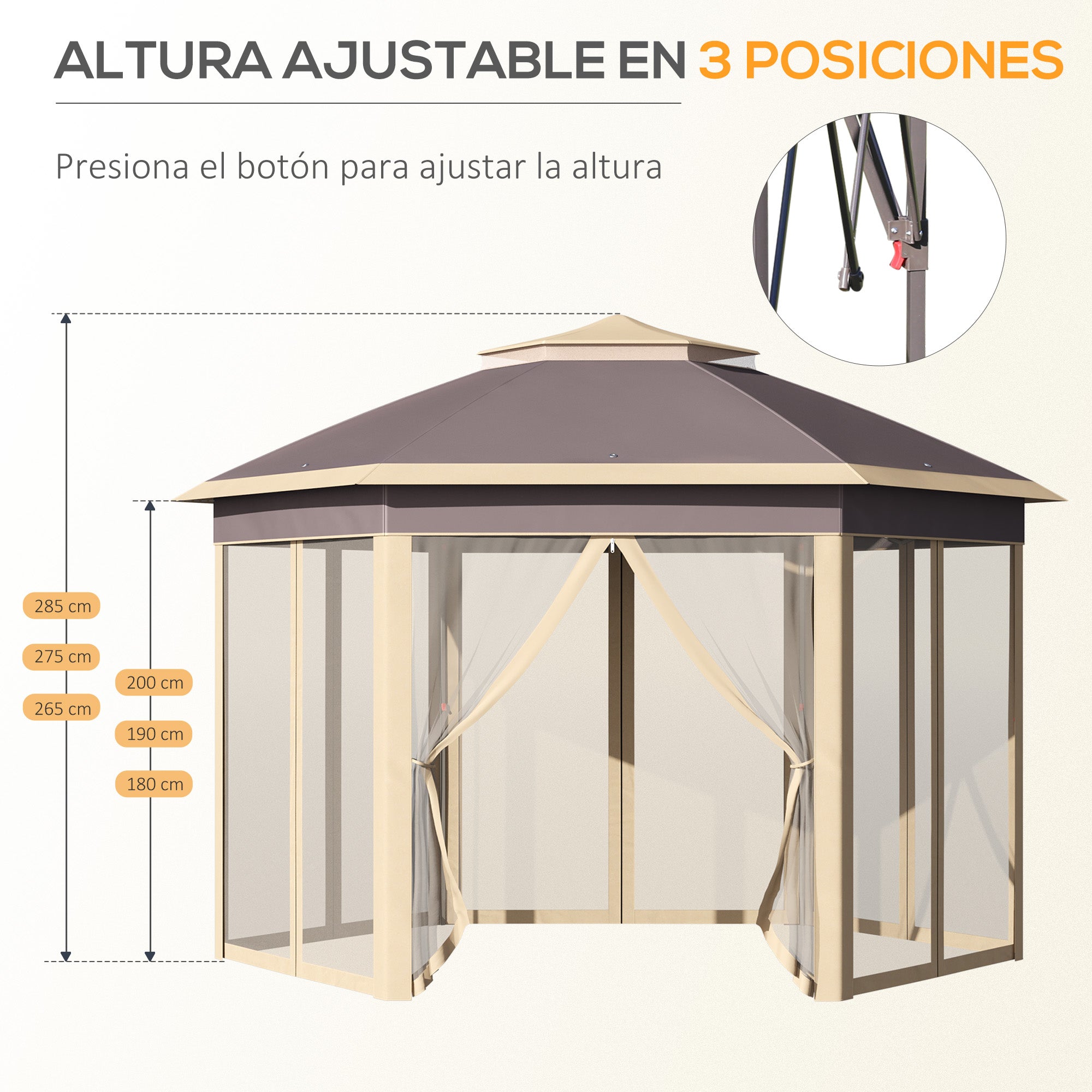 Foldable Gazebo 4x3.4x2.85 m Hexagonal Garden Canopy with Double Roof 6 Detachable Mosquito Nets Carrying Bag 3-Level Adjustable Height Anti-UV Gazebo for Party Patio Beige