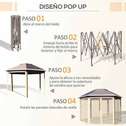 Foldable Gazebo 4x3.4x2.85 m Hexagonal Garden Canopy with Double Roof 6 Detachable Mosquito Nets Carrying Bag 3-Level Adjustable Height Anti-UV Gazebo for Party Patio Beige