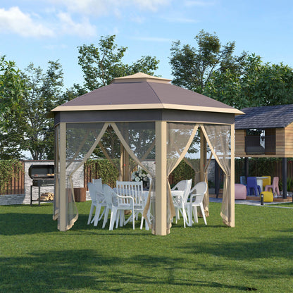 Foldable Gazebo 4x3.4x2.85 m Hexagonal Garden Canopy with Double Roof 6 Detachable Mosquito Nets Carrying Bag 3-Level Adjustable Height Anti-UV Gazebo for Party Patio Beige