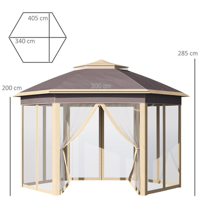 Foldable Gazebo 4x3.4x2.85 m Hexagonal Garden Canopy with Double Roof 6 Detachable Mosquito Nets Carrying Bag 3-Level Adjustable Height Anti-UV Gazebo for Party Patio Beige