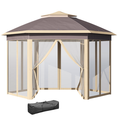Foldable Gazebo 4x3.4x2.85 m Hexagonal Garden Canopy with Double Roof 6 Detachable Mosquito Nets Carrying Bag 3-Level Adjustable Height Anti-UV Gazebo for Party Patio Beige