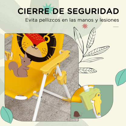 Lion Themed Children's Outdoor Table and Chair Set 2 Folding Chairs and Table with Adjustable Height Umbrella Yellow and Brown for Garden Patio