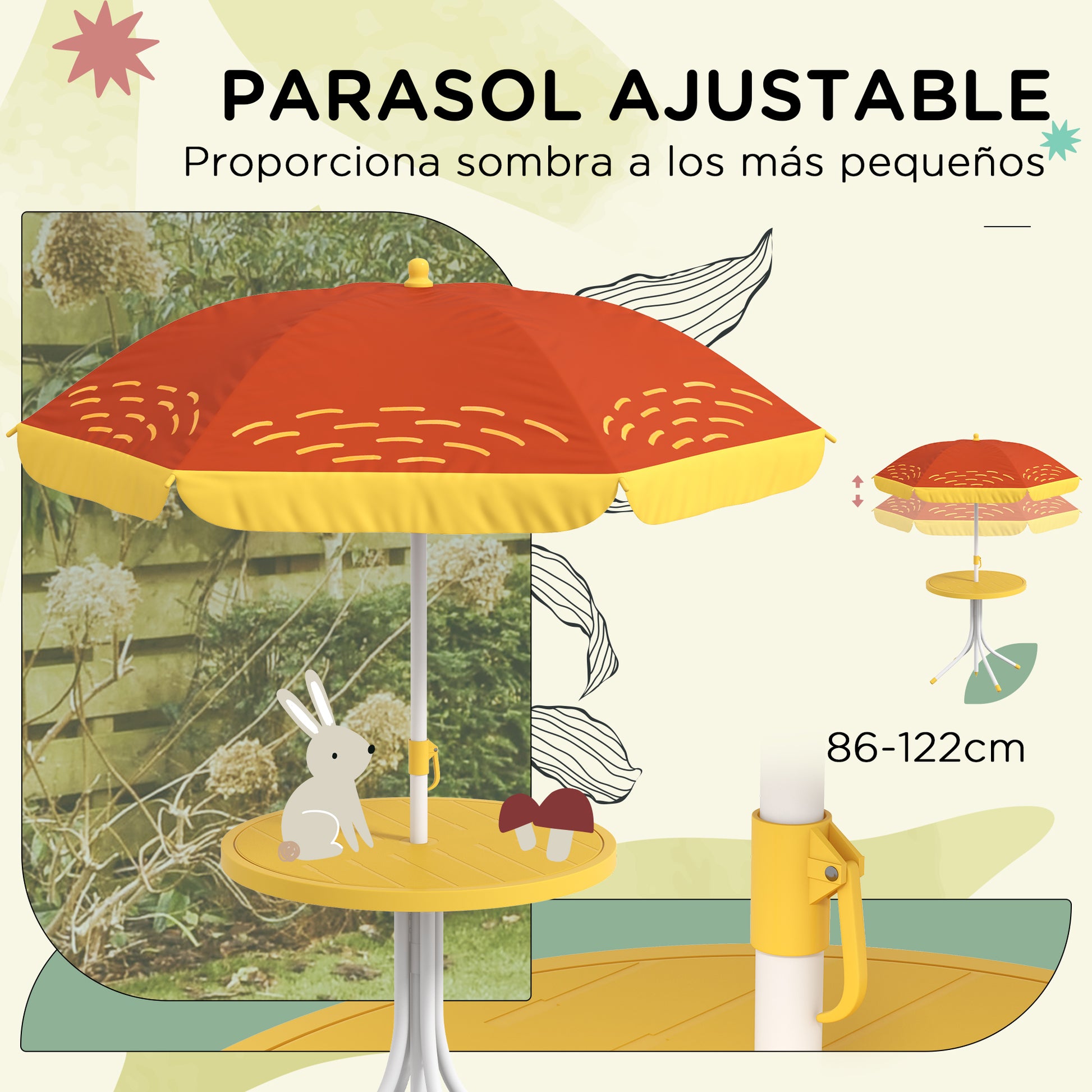 Lion Themed Children's Outdoor Table and Chair Set 2 Folding Chairs and Table with Adjustable Height Umbrella Yellow and Brown for Garden Patio