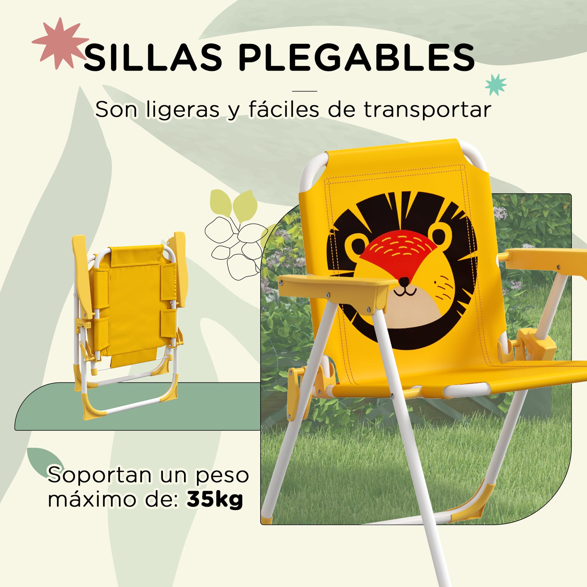 Lion Themed Children's Outdoor Table and Chair Set 2 Folding Chairs and Table with Adjustable Height Umbrella Yellow and Brown for Garden Patio