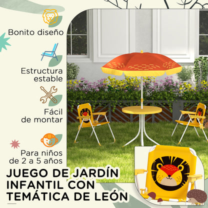 Lion Themed Children's Outdoor Table and Chair Set 2 Folding Chairs and Table with Adjustable Height Umbrella Yellow and Brown for Garden Patio