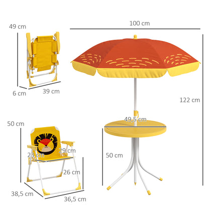 Lion Themed Children's Outdoor Table and Chair Set 2 Folding Chairs and Table with Adjustable Height Umbrella Yellow and Brown for Garden Patio