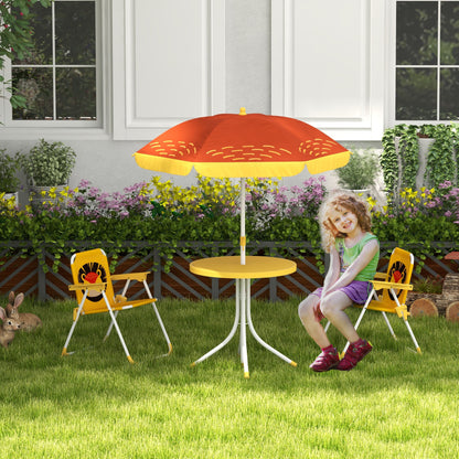 Lion Themed Children's Outdoor Table and Chair Set 2 Folding Chairs and Table with Adjustable Height Umbrella Yellow and Brown for Garden Patio