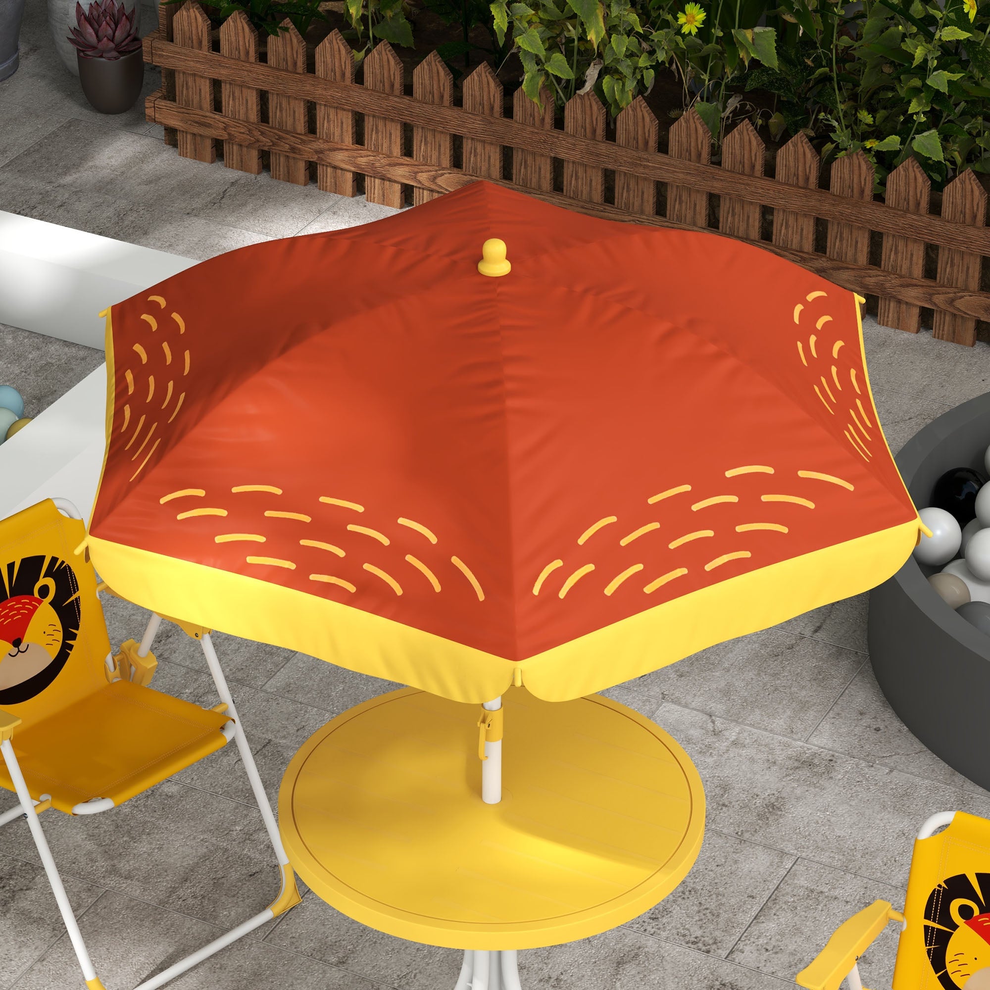 Lion Themed Children's Outdoor Table and Chair Set 2 Folding Chairs and Table with Adjustable Height Umbrella Yellow and Brown for Garden Patio