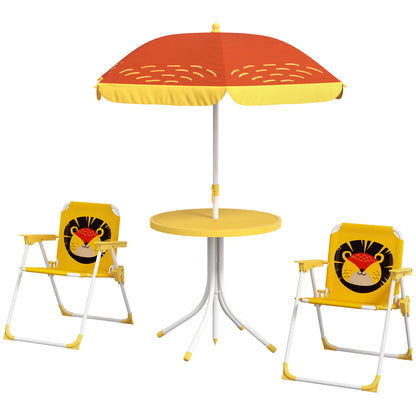 Lion Themed Children's Outdoor Table and Chair Set 2 Folding Chairs and Table with Adjustable Height Umbrella Yellow and Brown for Garden Patio