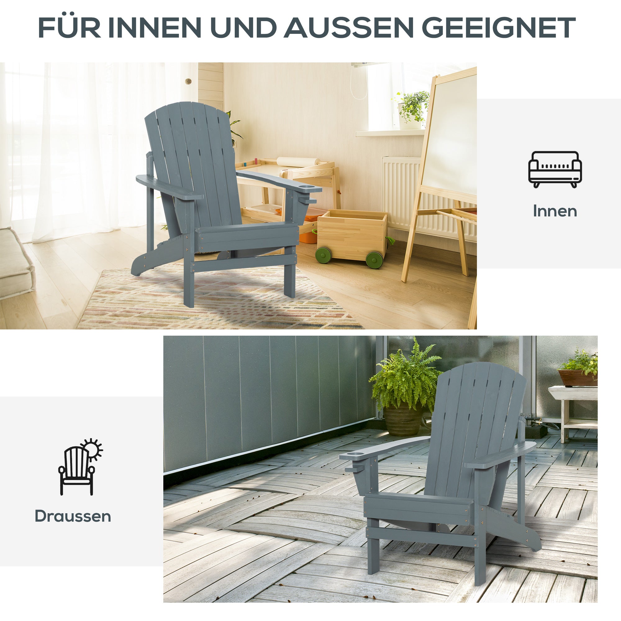 Adirondack Garden Chair with Cup Holder Garden Lounger Balcony Chair Solid Wood Dark Gray 97 x 72.5 x 93 cm