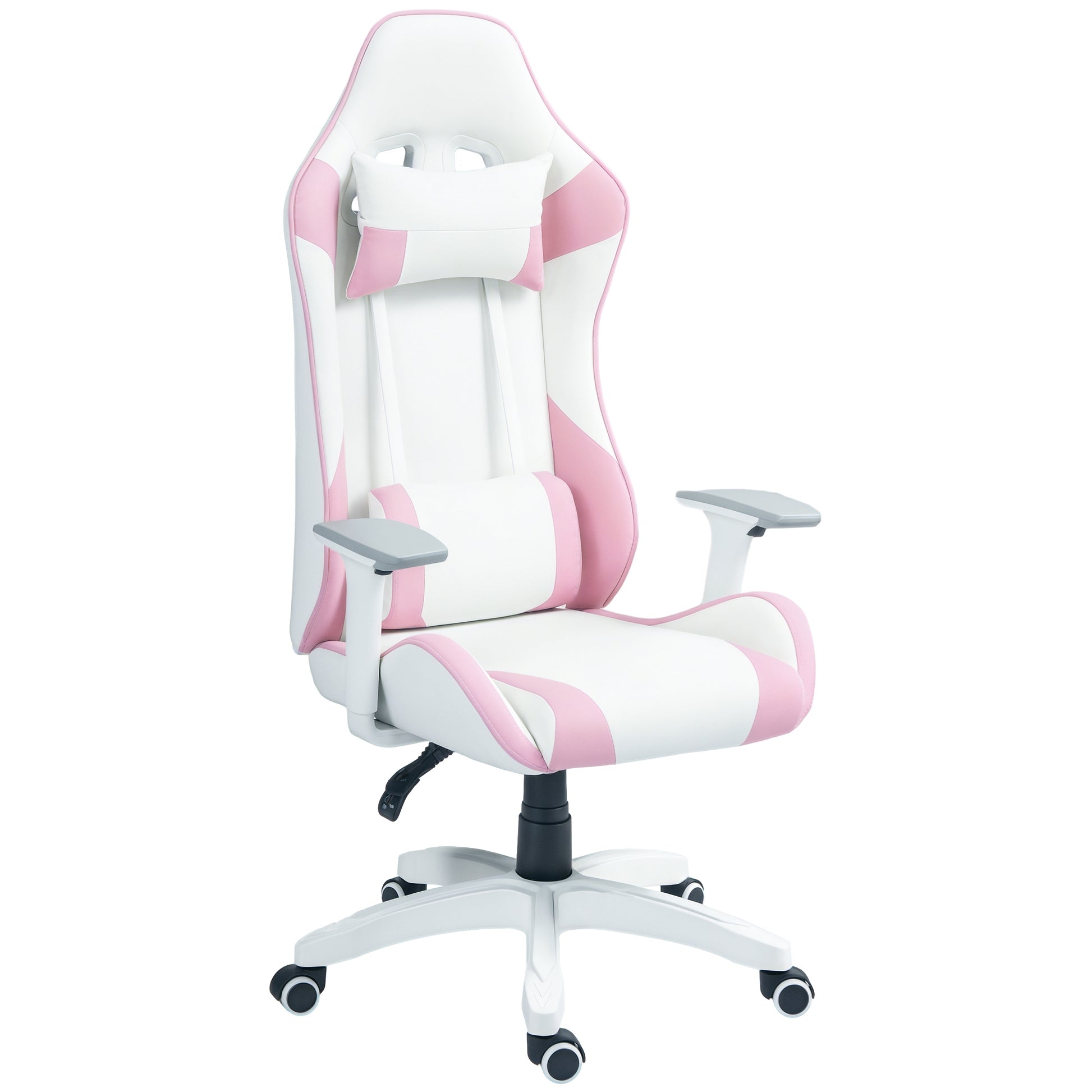 Reclining Gaming Chair Swivel Gamer Chair Professional Gaming Armchair with Lumbar Cushion 3D Armrests Removable Headrest and Adjustable Height White and Pink