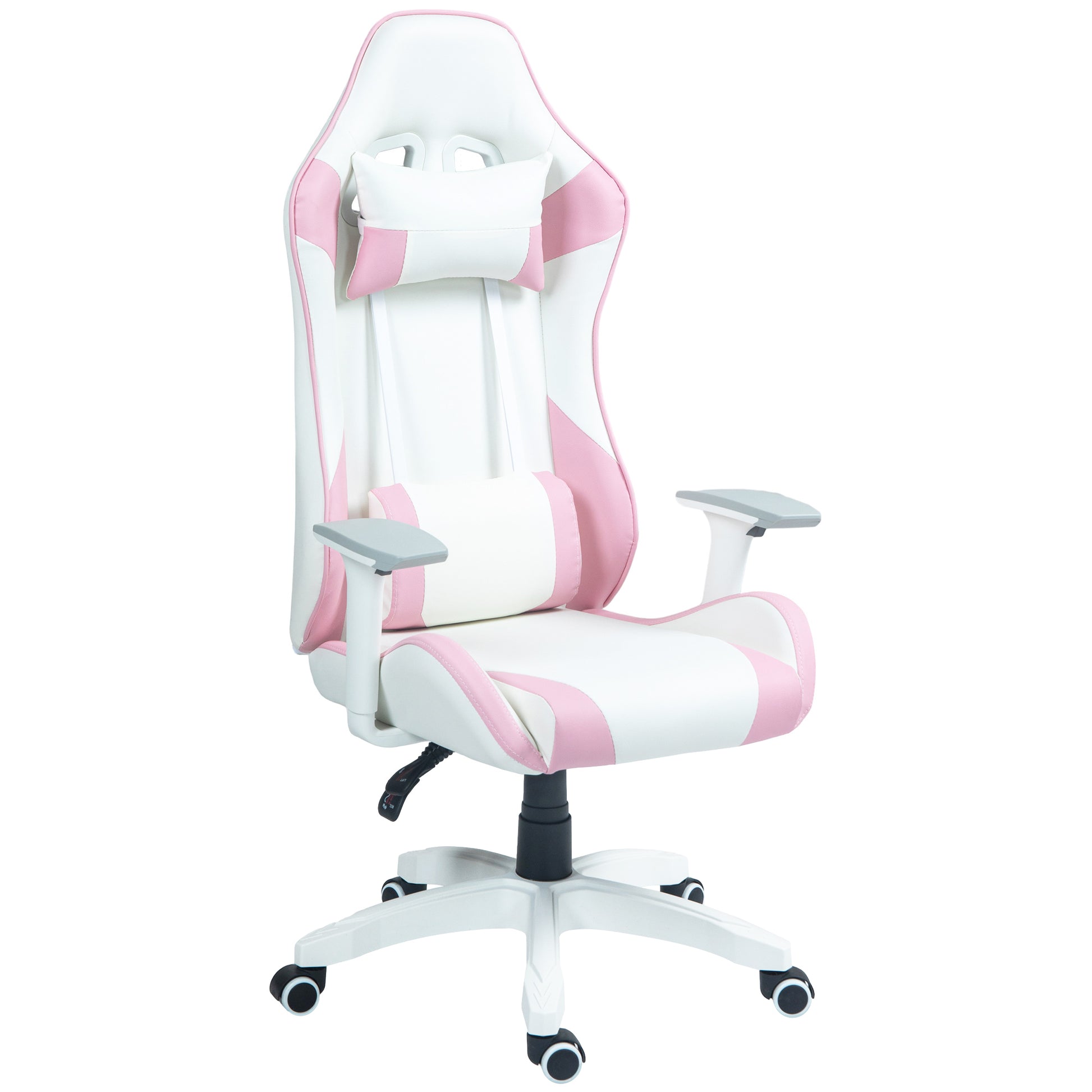 Reclining Gaming Chair Swivel Gamer Chair Professional Gaming Armchair with Lumbar Cushion 3D Armrests Removable Headrest and Adjustable Height White and Pink