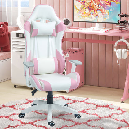 Reclining Gaming Chair Swivel Gamer Chair Professional Gaming Armchair with Lumbar Cushion 3D Armrests Removable Headrest and Adjustable Height White and Pink