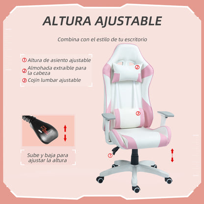 Reclining Gaming Chair Swivel Gamer Chair Professional Gaming Armchair with Lumbar Cushion 3D Armrests Removable Headrest and Adjustable Height White and Pink