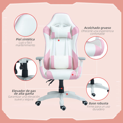 Reclining Gaming Chair Swivel Gamer Chair Professional Gaming Armchair with Lumbar Cushion 3D Armrests Removable Headrest and Adjustable Height White and Pink