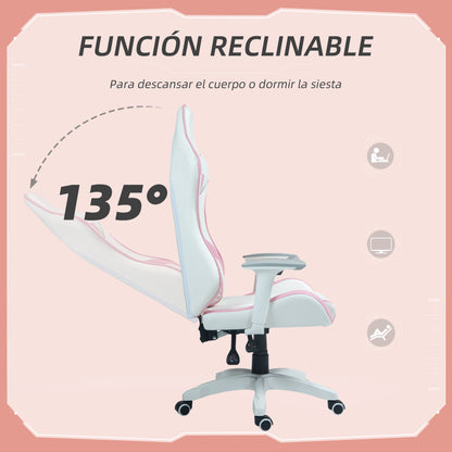 Reclining Gaming Chair Swivel Gamer Chair Professional Gaming Armchair with Lumbar Cushion 3D Armrests Removable Headrest and Adjustable Height White and Pink