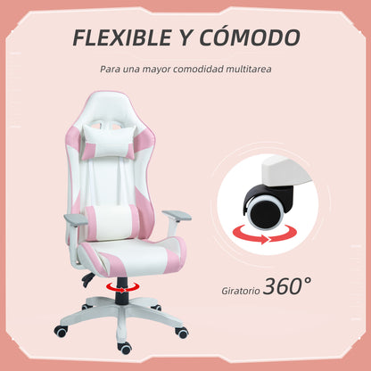Reclining Gaming Chair Swivel Gamer Chair Professional Gaming Armchair with Lumbar Cushion 3D Armrests Removable Headrest and Adjustable Height White and Pink