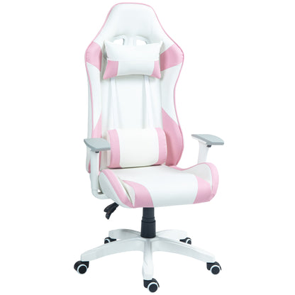 Reclining Gaming Chair Swivel Gamer Chair Professional Gaming Armchair with Lumbar Cushion 3D Armrests Removable Headrest and Adjustable Height White and Pink