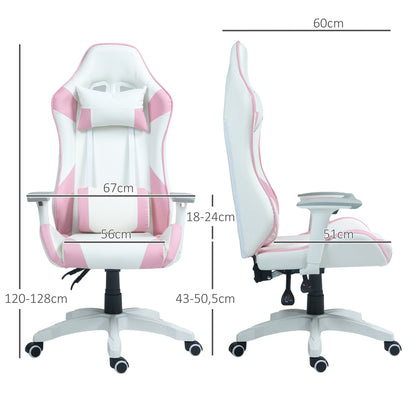 Reclining Gaming Chair Swivel Gamer Chair Professional Gaming Armchair with Lumbar Cushion 3D Armrests Removable Headrest and Adjustable Height White and Pink