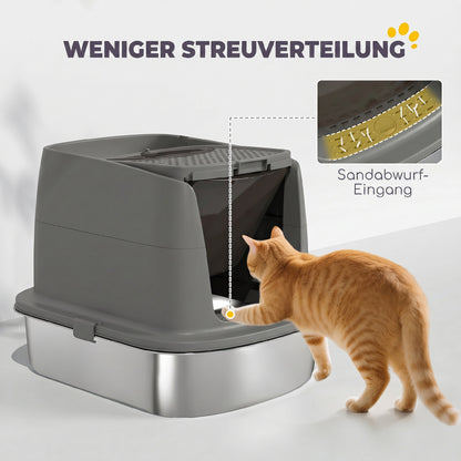 Stainless Steel Covered Cat Litter Box with Lid — Large Top/Front Entry, Metal Scoop & Deodorizer Bag, Odor-Resistant, Easy to Clean, Dark Gray