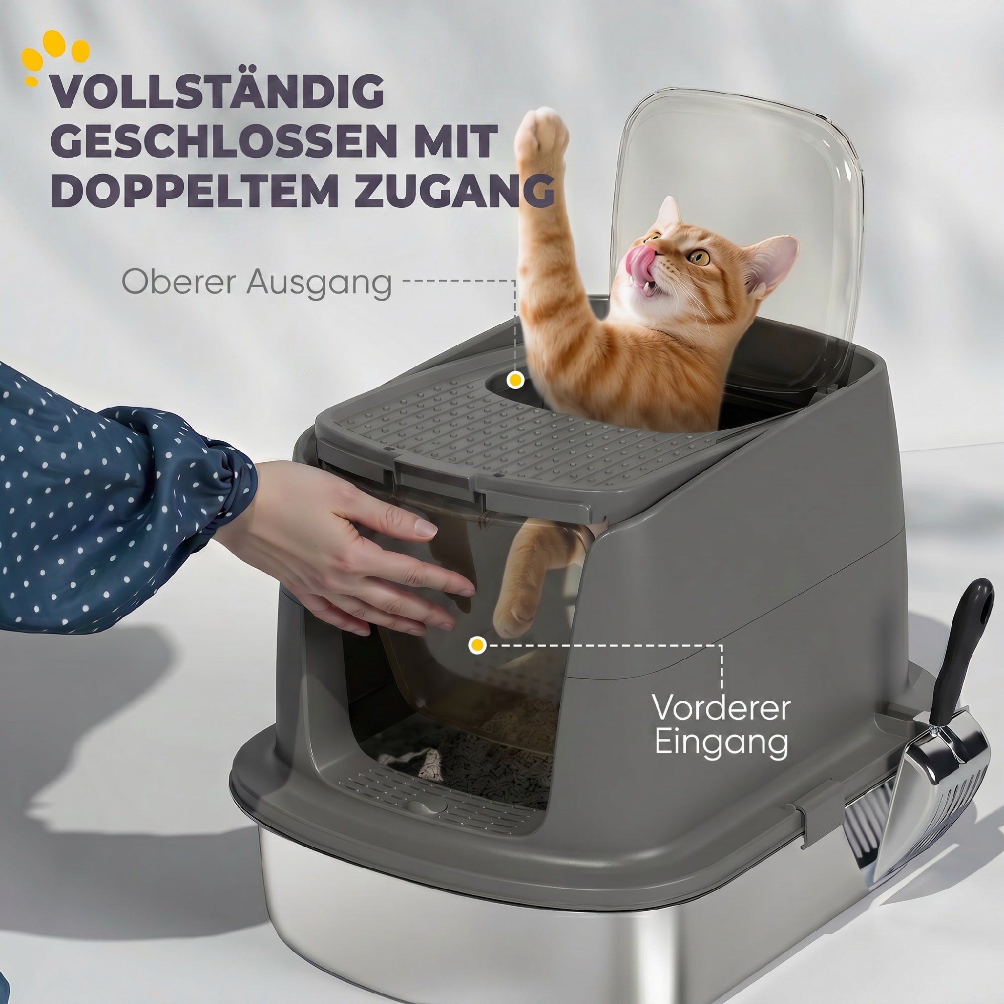 Stainless Steel Covered Cat Litter Box with Lid — Large Top/Front Entry, Metal Scoop & Deodorizer Bag, Odor-Resistant, Easy to Clean, Dark Gray