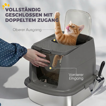 Stainless Steel Covered Cat Litter Box with Lid — Large Top/Front Entry, Metal Scoop & Deodorizer Bag, Odor-Resistant, Easy to Clean, Dark Gray