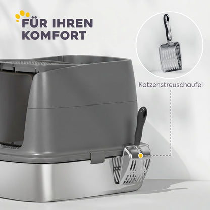 Stainless Steel Covered Cat Litter Box with Lid — Large Top/Front Entry, Metal Scoop & Deodorizer Bag, Odor-Resistant, Easy to Clean, Dark Gray