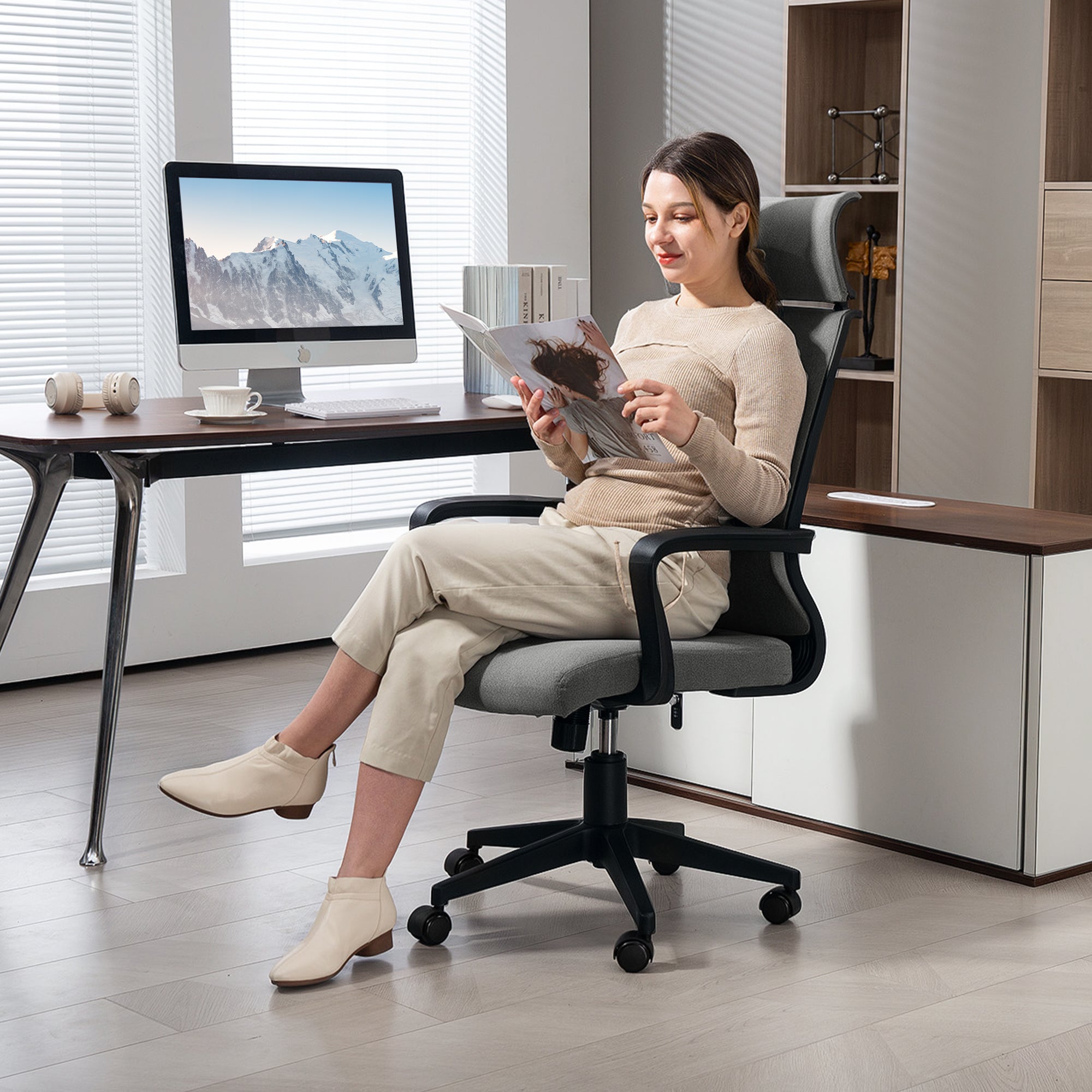 Office Chair, Ergonomic Desk Chair with Armrest, Headrest, Height Adjustable Swivel Chair with Rocking Function, Computer Chair with Faux Wool Look, Dark Gray