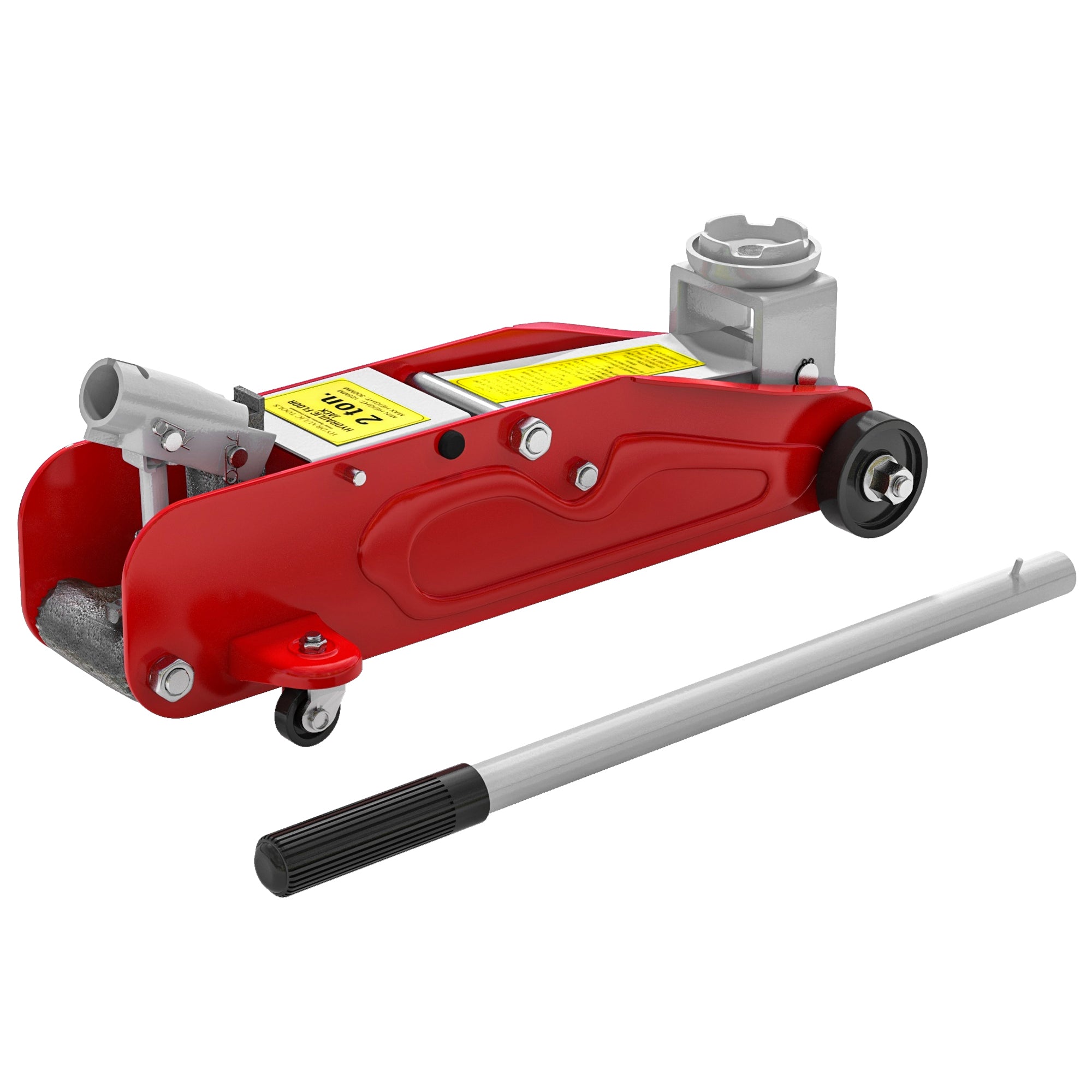2-Ton Hydraulic Car Jack with Adjustable Height 12-30 cm and 4 Support Wheels for Supporting Automobiles Red and Yellow