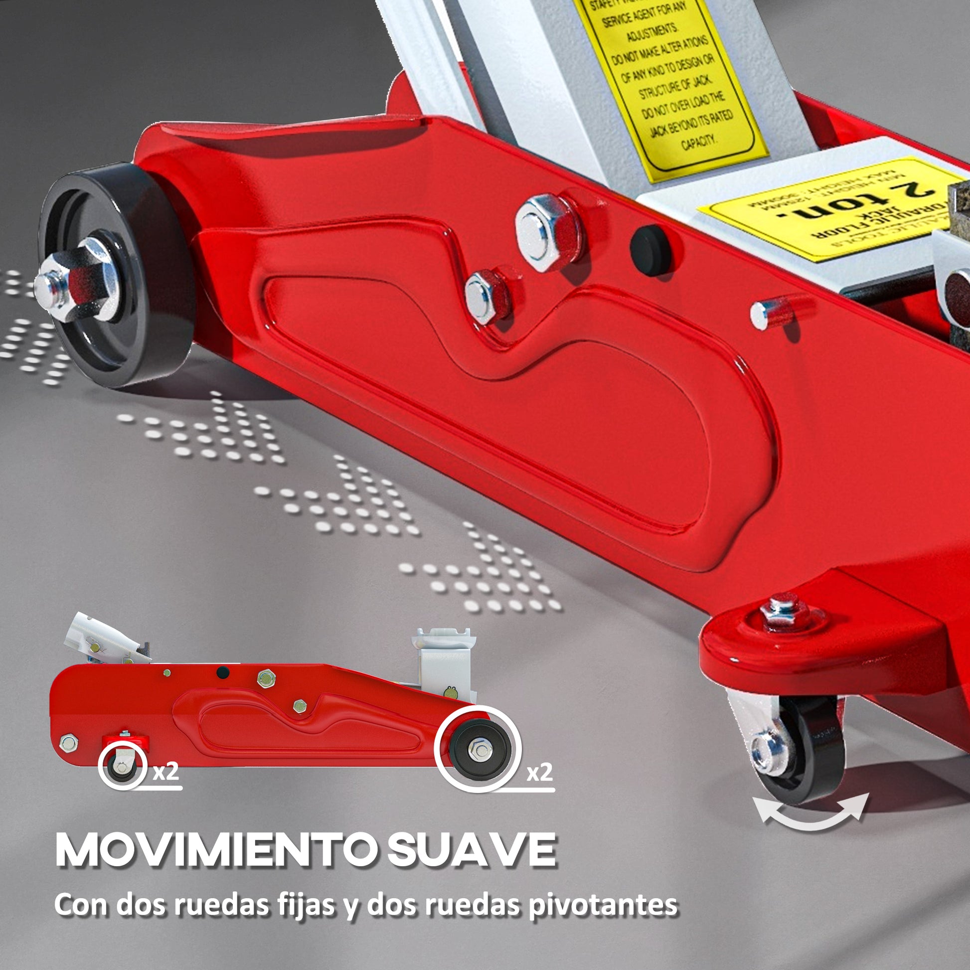 2-Ton Hydraulic Car Jack with Adjustable Height 12-30 cm and 4 Support Wheels for Supporting Automobiles Red and Yellow