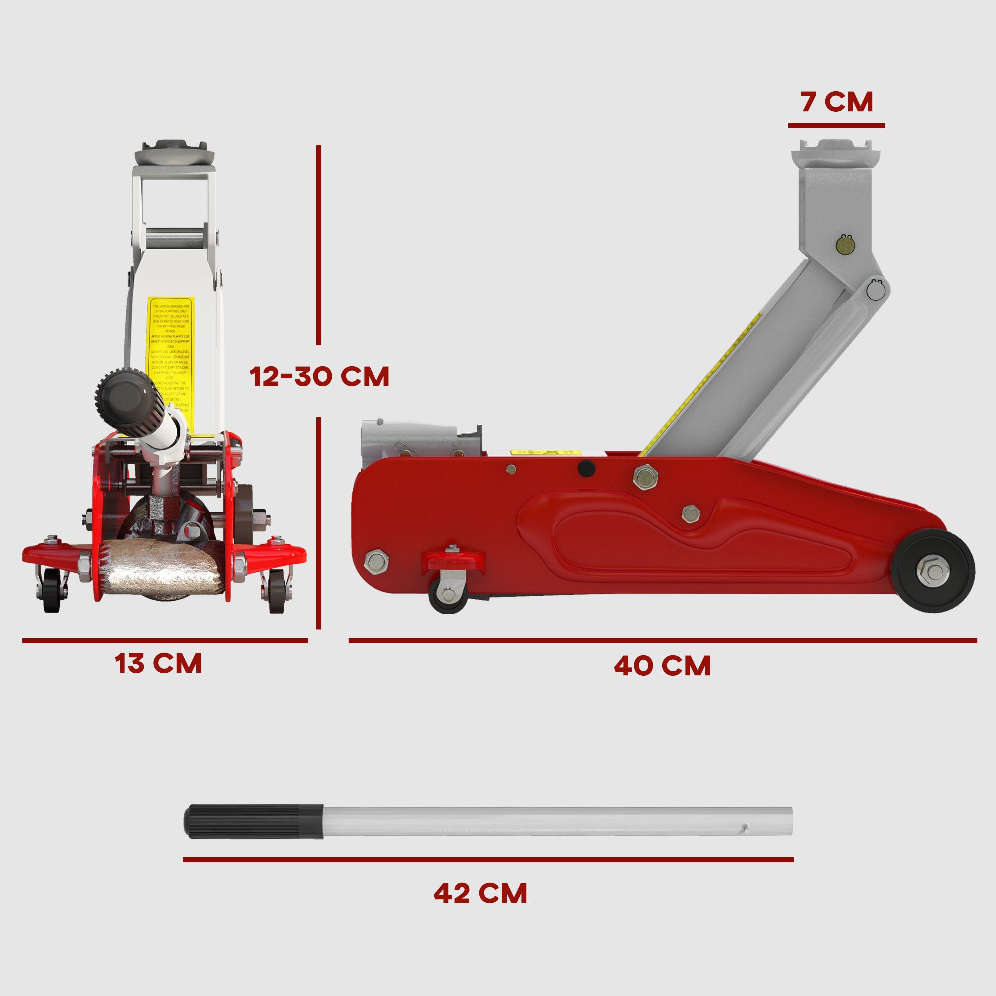 2-Ton Hydraulic Car Jack with Adjustable Height 12-30 cm and 4 Support Wheels for Supporting Automobiles Red and Yellow