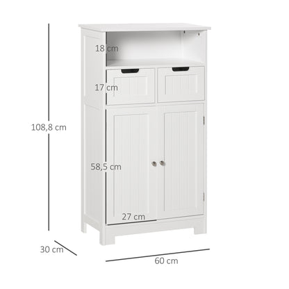 Bathroom Cabinet with 2 Doors Adjustable Shelf 2 Drawers and Open Compartment Storage Auxiliary furniture for Living Room Kitchen 60x30x108.8 cm White