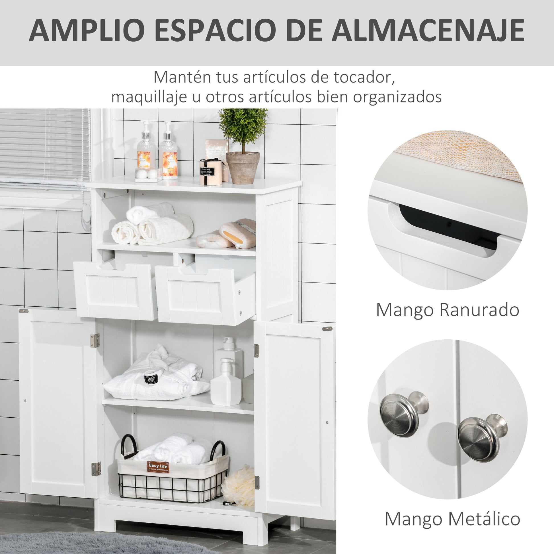 Bathroom Cabinet with 2 Doors Adjustable Shelf 2 Drawers and Open Compartment Storage Auxiliary furniture for Living Room Kitchen 60x30x108.8 cm White