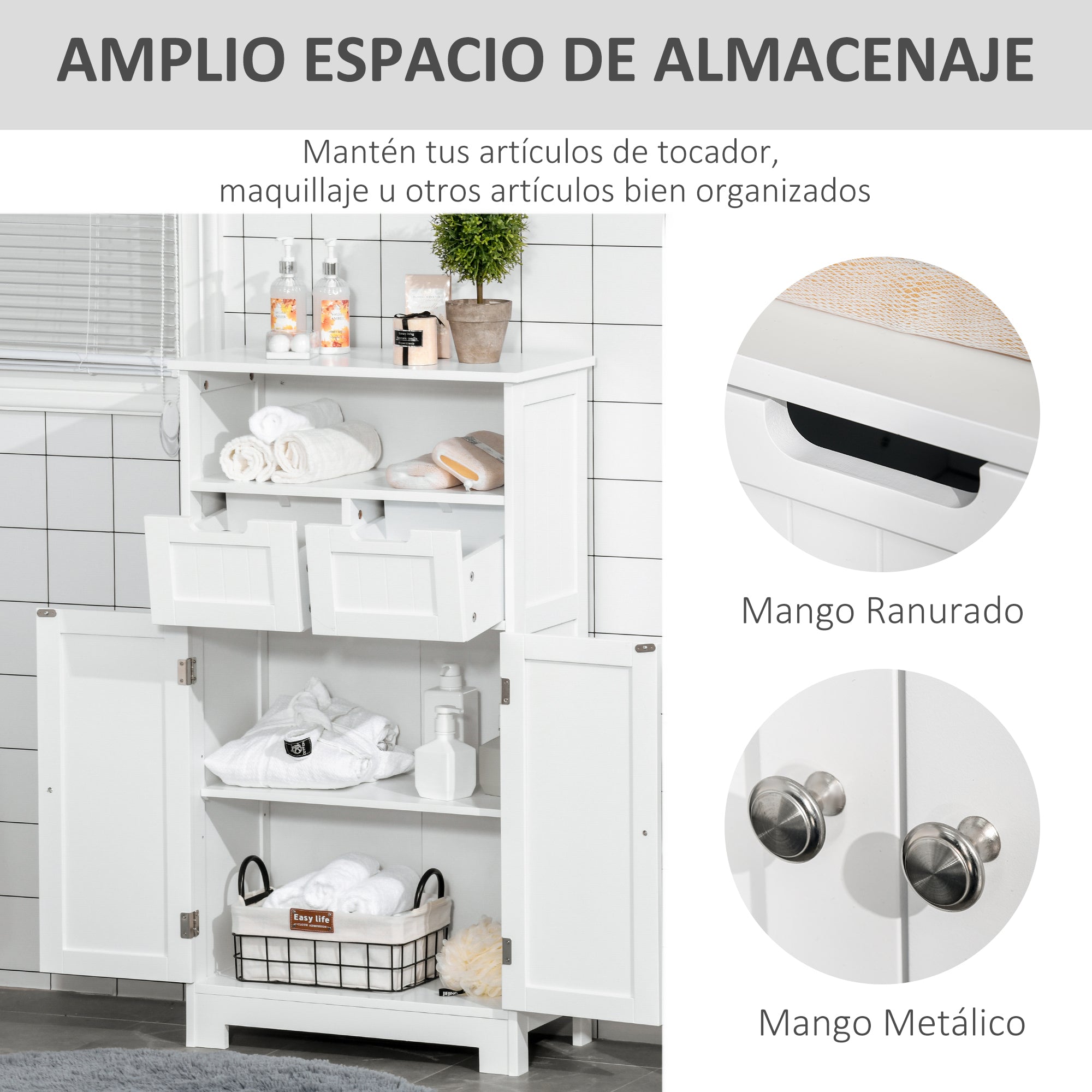 Bathroom Cabinet with 2 Doors Adjustable Shelf 2 Drawers and Open Compartment Storage Auxiliary furniture for Living Room Kitchen 60x30x108.8 cm White