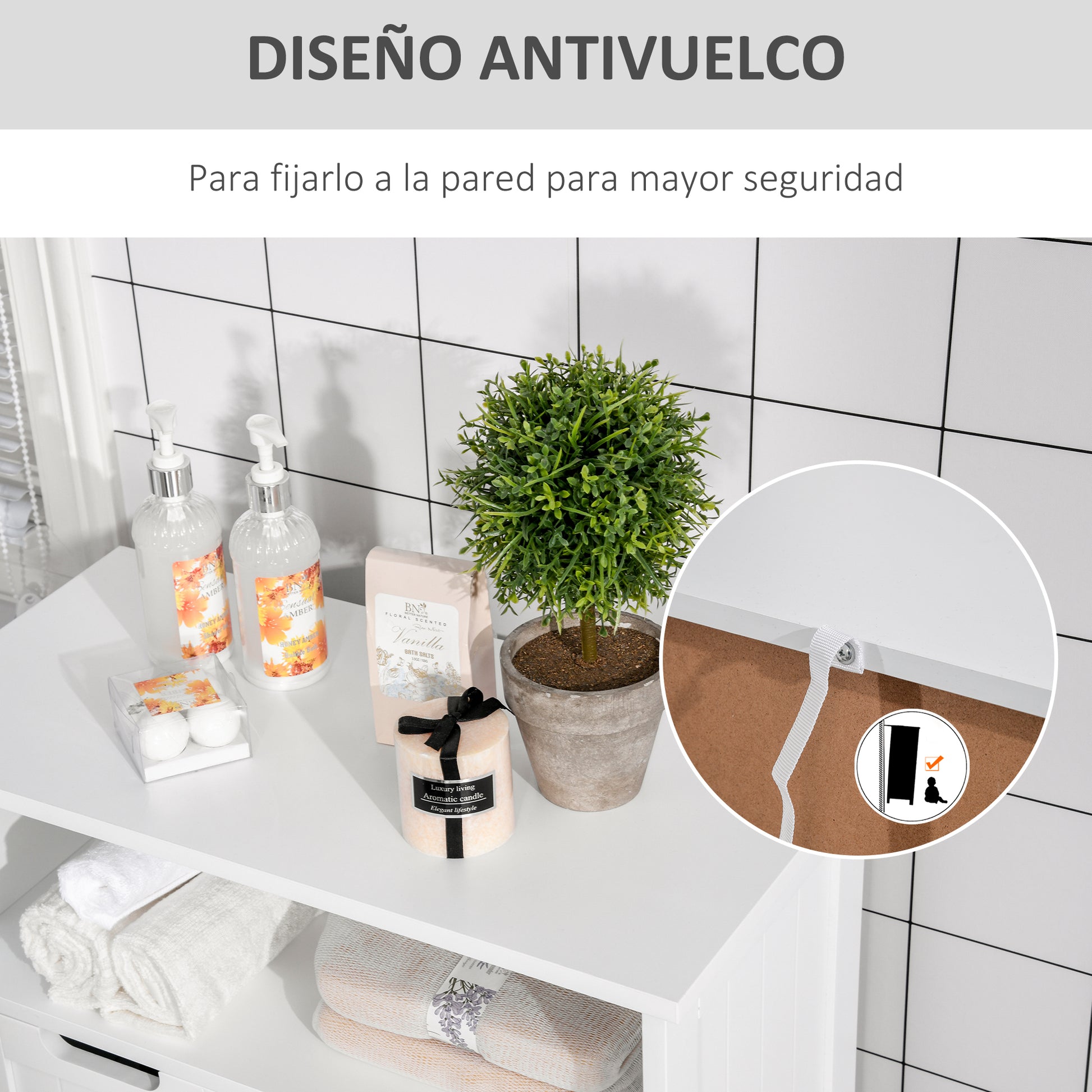 Bathroom Cabinet with 2 Doors Adjustable Shelf 2 Drawers and Open Compartment Storage Auxiliary furniture for Living Room Kitchen 60x30x108.8 cm White