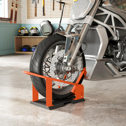 Motorcycle Front Wheel Chock, Adjustable for 15–21 in Wheels, Fits 3–8 in Tire Width, 1,800 lb Capacity, Steel Mounting Stand, Orange
