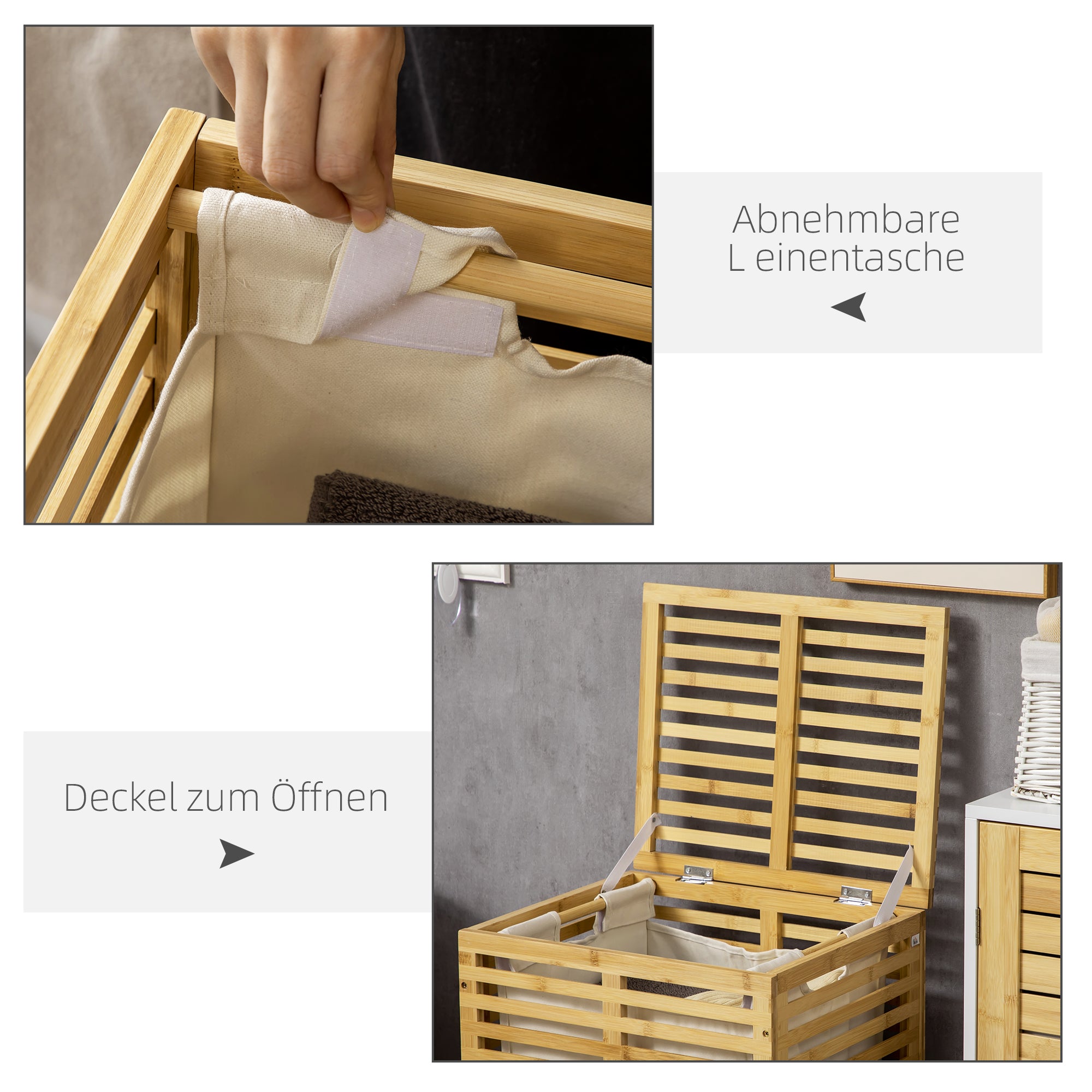 Bamboo Laundry Basket with 63 L Laundry Collector with Lid Removable Laundry Bag, Rod, Laundry Baskets Laundry Box for Laundry Room Bedroom Bathroom Natural Wood